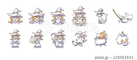 Halloween witch . Hand drawn icon cartoon characters illustration collection . Vector . 129501631