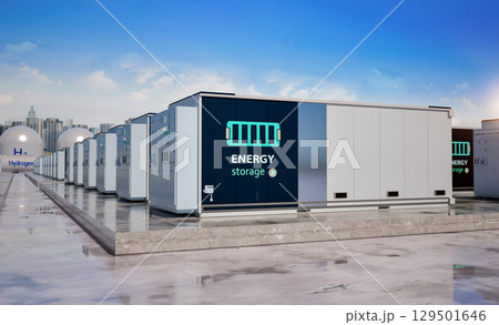 Energy storage system or battery container unit with hydrogen tanks for smart city 129501646