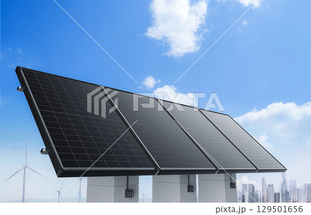 Solar panel farm with cityscape background Solar panel farm with cityscape background 129501656