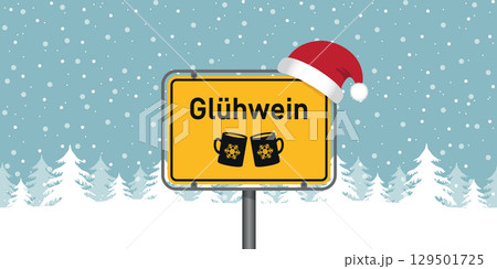 place sign with german word mulled wine in snowy winter landscape vector illustration place sign with german word mulled wine in snowy winter landscape vector illustration 129501725