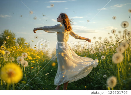 野原でダンスを踊るドレスの女性 129501795