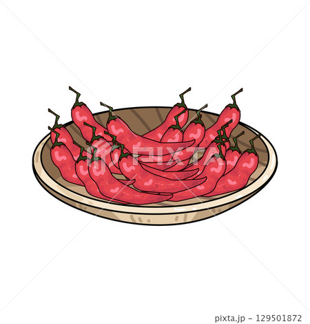 illustration of chili in wooden plate 129501872