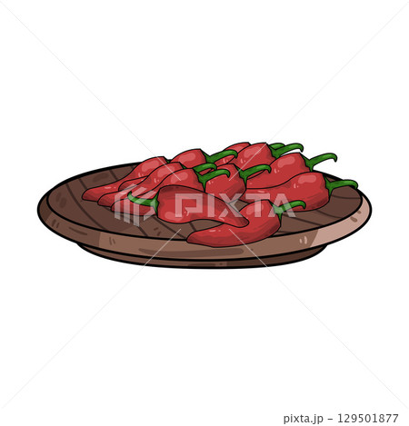 illustration of chili in wooden plate 129501877
