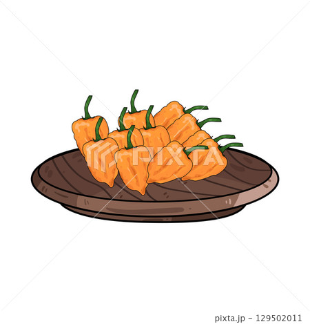 illustration of chili in wooden plate 129502011