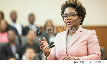 Black mature woman speaking at public event with audience in background Black mature woman speaking at public event with audience in background 129502097