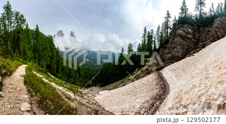 Mountain trail in the Dolomites (Dolomiti, Dolomiten), Italy, leading to Lago Sorapis. The path winds along rocky slopes with stunning views of valleys, forests, and peaks 129502177
