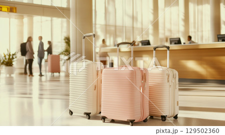 Luggage in airport terminal with soft natural light, travel concept, background with copy space 129502360