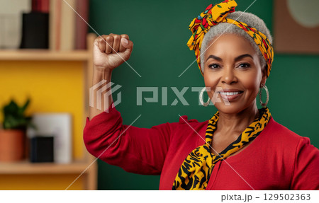 frican american mature woman with raised fist of empowerment and black women solidarity, International Womens Day, Black History Month concept frican american mature woman with raised fist of empowerment and black women solidarity, International Womens Day, Black History Month concept 129502363