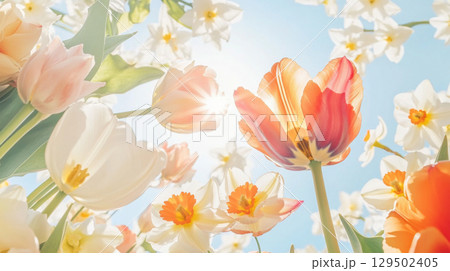Tulip and daffodil flowers in sunny field with blue sky background, spring season 129502405