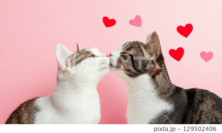 Cute kittens kissing with pink heart shapes, perfect for St Valentines Day postcard and background 129502406