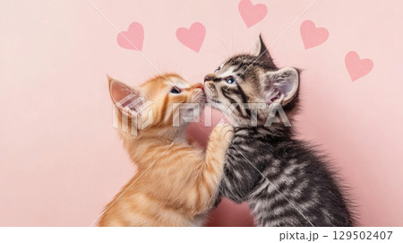 Cute kittens kissing with pink heart shapes, perfect for St Valentines Day postcard and background 129502407