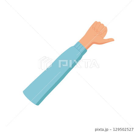 Cartoon hand gesture showing number one. Raised palm with index finger up and arm in blue sleeve creates simple counting pose. Flat style illustration isolated on white background. Suitable for 129502527