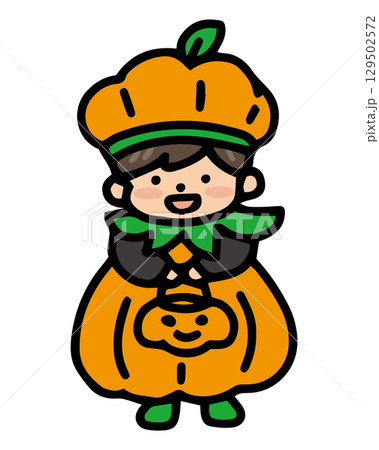 ハロウィンの仮装をしているこどものイラスト　かぼちゃ 129502572