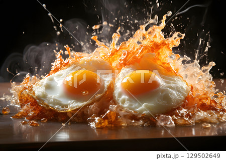 yellow chicken egg flying in different directions while cooking scrambled eggs 129502649
