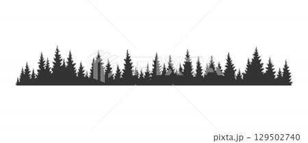 Fir trees silhouette. Coniferous spruce horizontal background pattern, black evergreen woods vector illustration. Beautiful hand drawn panorama of coniferous forest 129502740