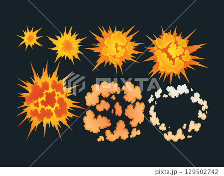 Explosion animation. Animation for game of the explosion effect. Cartoon animation for game. Exploding effect frames. Hand drawn vector illustration 129502742