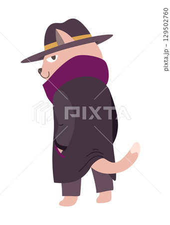 Cat detective character investigating and search for evidence Cat detective character investigating and search for evidence 129502760
