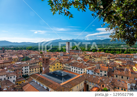 Panoramic view of Lucca, Italy, with red brick rooftops and historic churches seen from above. Tuscan hills and mountains form a stunning summer backdrop under a clear blue sky. Panoramic view of Lucca, Italy, with red brick rooftops and historic churches seen from above. Tuscan hills and mountains form a stunning summer backdrop under a clear blue sky. 129502796