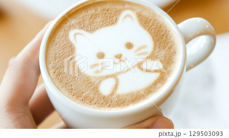 Latte art depicting cute cat face held in female hands with blurred background Latte art depicting cute cat face held in female hands with blurred background 129503093