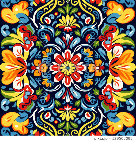 Mexican ceramic tile set with floral and geometric decorative blue red and yellow pattern 129503099