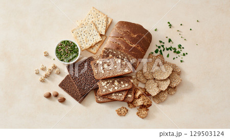 Assortment of diet breads including seed loaf for healthy eating, background 129503124