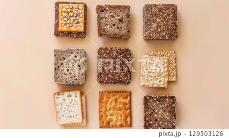 An assortment of diet breads including seed loaf on beige background 129503126