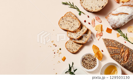 Assortment of diet breads including seed loaf on light background 129503130