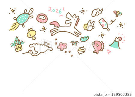 馬と正月の縁起物の手描きのかわいい年賀状イラスト 2026 パステルカラー・富士山・鶴亀 馬と正月の縁起物の手描きのかわいい年賀状イラスト 2026 パステルカラー・富士山・鶴亀 129503382