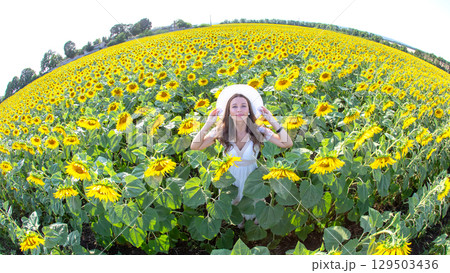 Young woman enjoying a sunny day in a vibrant sunflower field Young woman enjoying a sunny day in a vibrant sunflower field 129503436