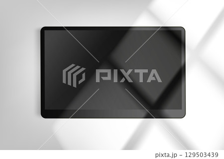 Modern tablet gadget on bright background with window light. 3d vector mockup Modern tablet gadget on bright background with window light. 3d vector mockup 129503439