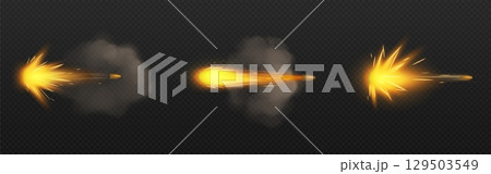 Yellow fire gun blast effects with smoke trails 129503549