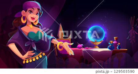 Cartoon fortune teller gypsy woman with ball 129503590