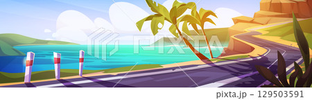 Cartoon road trip scene by sea coast Cartoon road trip scene by sea coast 129503591