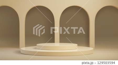 Minimal beige podium display with arch backdrop 129503594