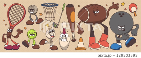 Groovy sport character set with retro mascots 129503595