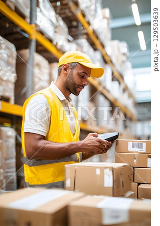 warehouse worker scanning barcode on large package 129503639
