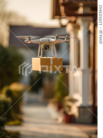 autonomous drone delivering parcel to customer home 129503642