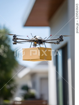 autonomous drone delivering parcel to customer home 129503643