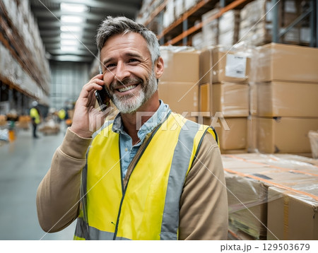 logistics manager on phone with distribution center in background logistics manager on phone with distribution center in background 129503679