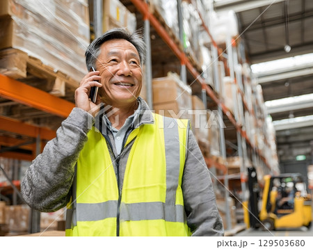 logistics manager on phone with distribution center in background 129503680