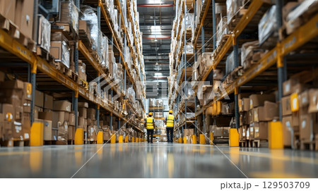 busy warehouse with workers packing boxes busy warehouse with workers packing boxes 129503709