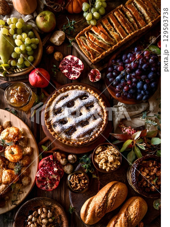 autumn food spread with pies breads and fruits 129503738
