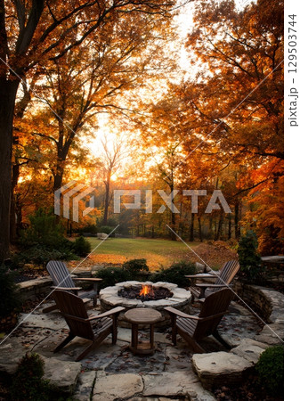 backyard fire pit surrounded by fall trees 129503744