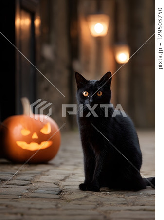black cat sitting beside carved pumpkin in dark alley 129503750