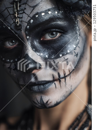 Halloween makeup face closeup with spooky designs Halloween makeup face closeup with spooky designs 129503751