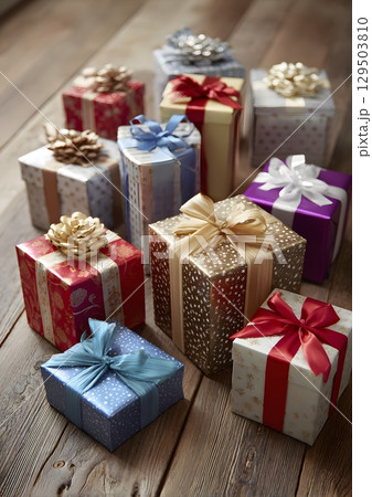 wrapped Christmas gifts with ribbons and bows on wooden floor 129503810