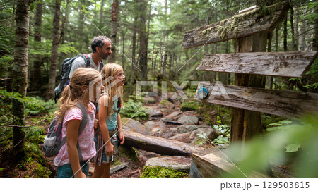 family exploring national park with trail signs 129503815