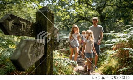 family exploring national park with trail signs 129503816