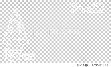 Santa Claus and Christmas tree hand-drawn black and white frame, white line drawing [Santa on the top right, tree on the left] 129503844