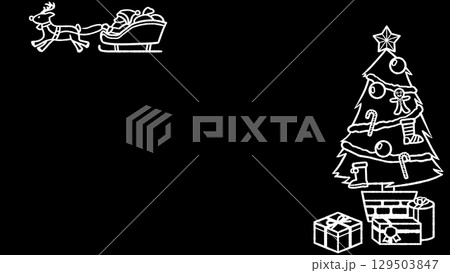 サンタクロースとクリスマスツリーの手描き風白黒フレーム 白線画【サンタ左上・ツリー右】 サンタクロースとクリスマスツリーの手描き風白黒フレーム 白線画【サンタ左上・ツリー右】 129503847